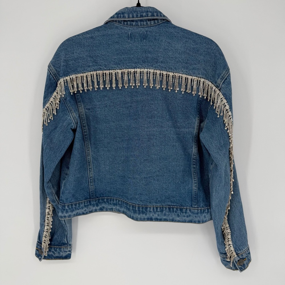 SUPERDOWN RAYA RHINESTONE FRINGE DENIM JACKET SMALL FLASHY BLING FESTIVAL CHIC